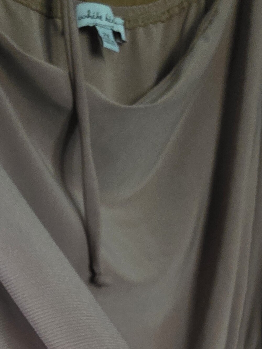 Pretty Taupe w/Hint Of Pink, Flowing Off The Shoulder Dressy Blouse, Tie Back. - Picture 9 of 11